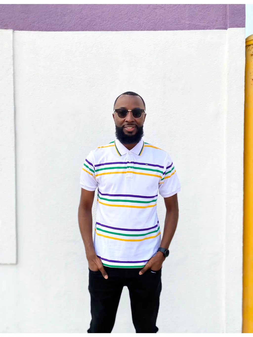 Thin Stripe Mardi Gras Color and White Rugby Adult Short Sleeve