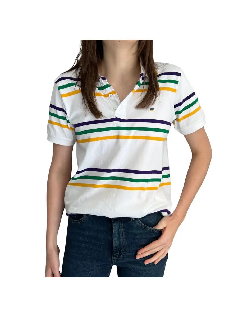 Thin Stripe Mardi Gras Color and White Rugby Adult Short Sleeve